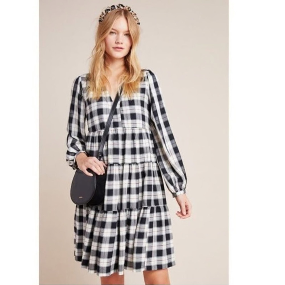 Anthropologie Maeve Amber Plaid Tiered Tunic Dress